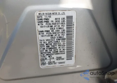 2006 Nissan Murano S z USA, uszkodzony, nr VIN JN8AZ08T36W404896